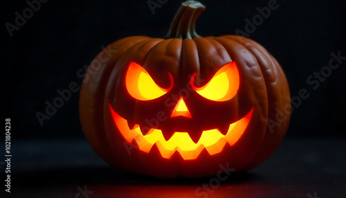 Halloween pumpkin smile and scary eyes . Close up view of scary Halloween pumpkin with eyes glowing inside at black background.