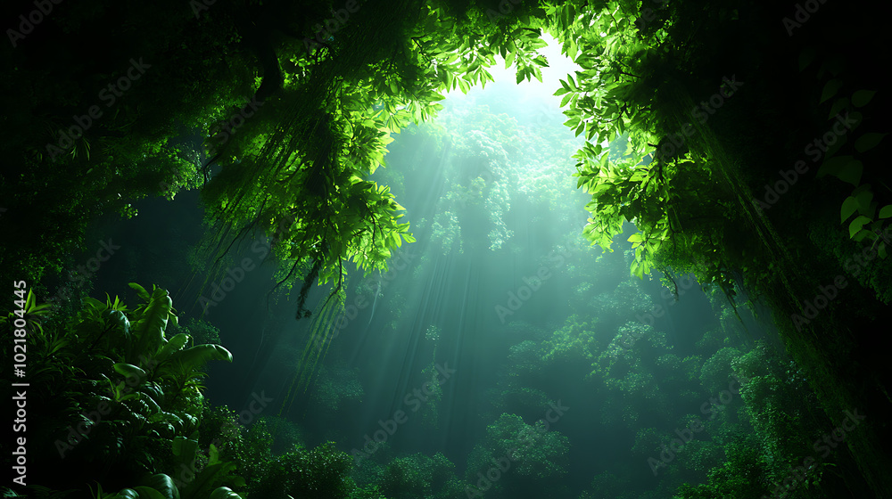 Fototapeta premium Lush green forest canopy with sunlight filtering through leaves.