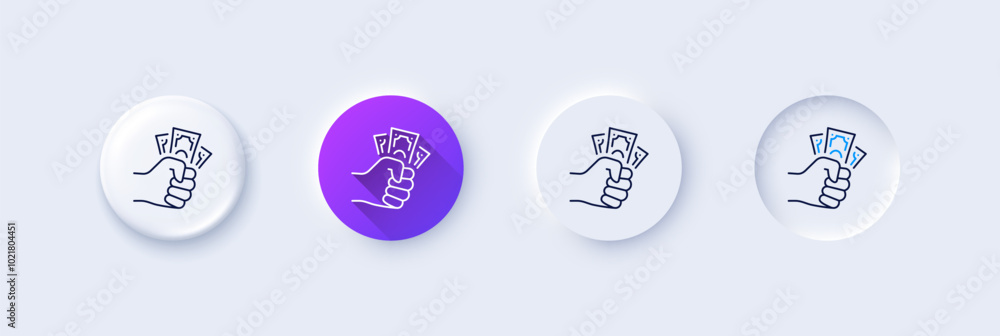 Fraud icon. Neumorphic, Purple gradient, 3d pin buttons. Money bribe crime sign. Cash scam symbol. Line icons. Neumorphic buttons with outline signs. Vector Fraud icon. Neumorphic, Purple gradient, 3d pin buttons. Money bribe crime sign. Cash scam symbol. Line icons. Neumorphic buttons with outline signs. Vector