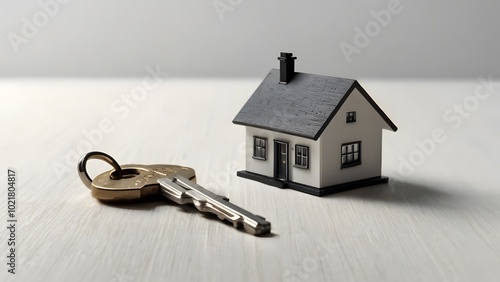 house model and house keys in a new apartment. Mortgage, new homeownership, home loan and buying own property, real estate and insurance concept