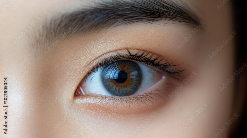 Close-up of a woman's eye with brown and blue colored iris. Close-up of a woman's eye with brown and blue colored iris.