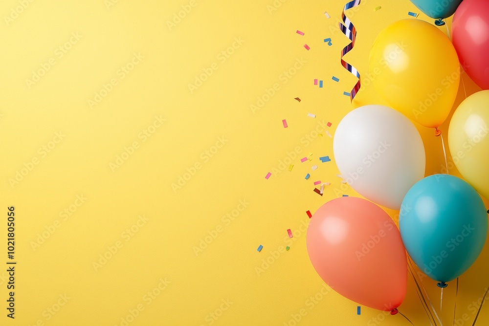 On a yellow background, an arrangement of balloons and decorations for a birthday celebration. On a yellow background, an arrangement of balloons and decorations for a birthday celebration.