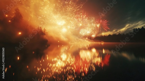 A stunning firework display unfolding above a still river, the vibrant colors reflecting on the watera??s surface photo