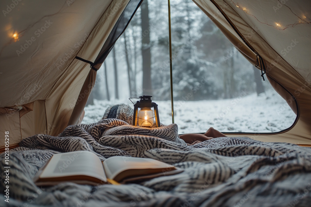 Inside a cozy winter tent with a blanket, book, and lantern, overlooking a snow-covered forest. Concept for glamping, winter reading, and cozy moments in nature Inside a cozy winter tent with a blanket, book, and lantern, overlooking a snow-covered forest. Concept for glamping, winter reading, and cozy moments in nature