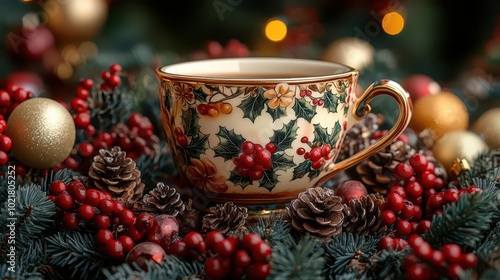 a festive cup for hot drinks is beautifully arranged for a holiday dinner setting surrounded by cheerful decorations embodying the spirit of christmas and the joy of togetherness