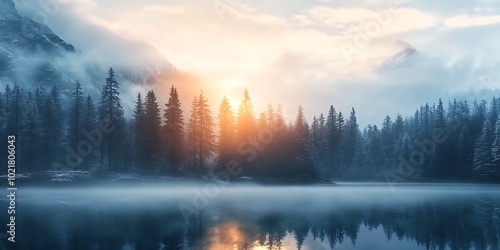 Misty Morning Sunrise Over Mountain Lake and Forest