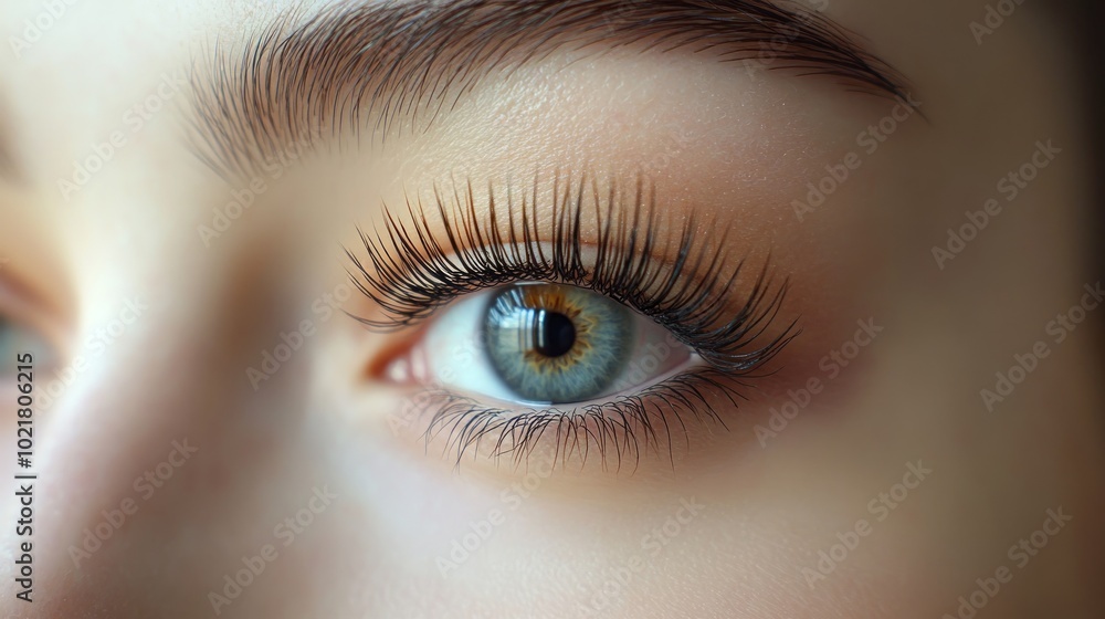 Close-up of a woman's eye with long eyelashes and soft makeup. Close-up of a woman's eye with long eyelashes and soft makeup.