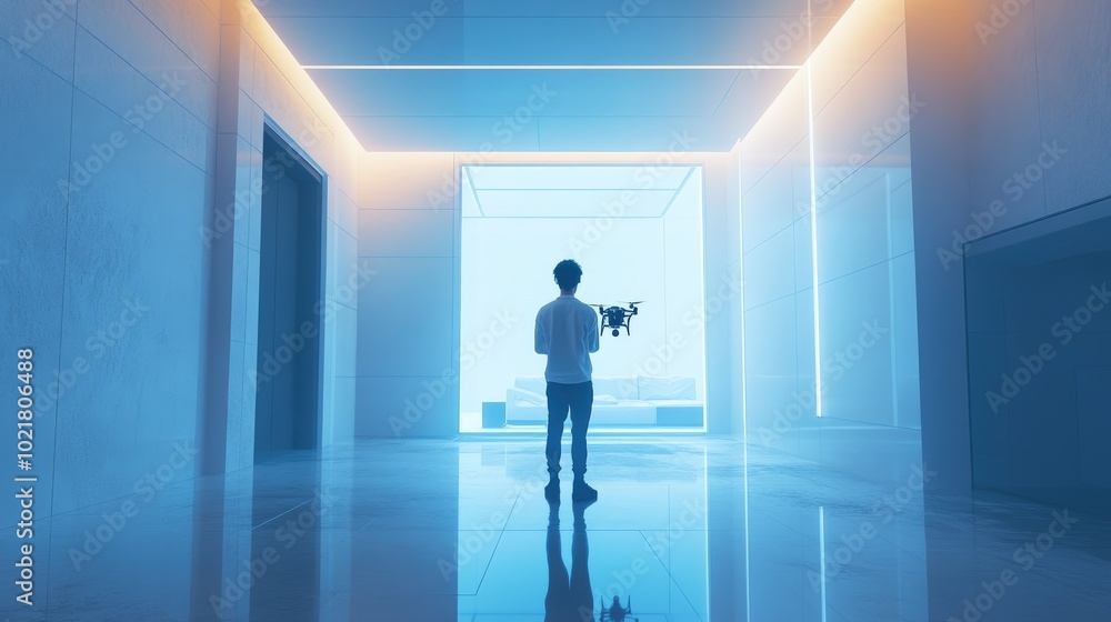 Fototapeta premium Futuristic Technology, Man Operating Drone in Minimalist Interior Space