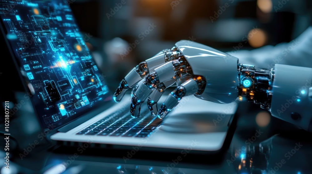Advanced Robotics: AI-Powered Robotic Hand Interacting with Futuristic Digital Interface Advanced Robotics: AI-Powered Robotic Hand Interacting with Futuristic Digital Interface