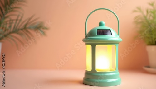 A vintage lantern emitting warm light on a soft, pastel backdrop, creating a cozy atmosphere in a dimly lit room