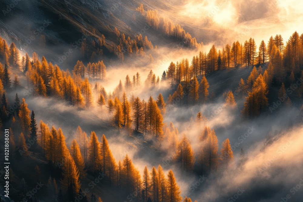 Φωτογραφία A misty autumn morning in the Italian Alps, with larch trees painted orange and