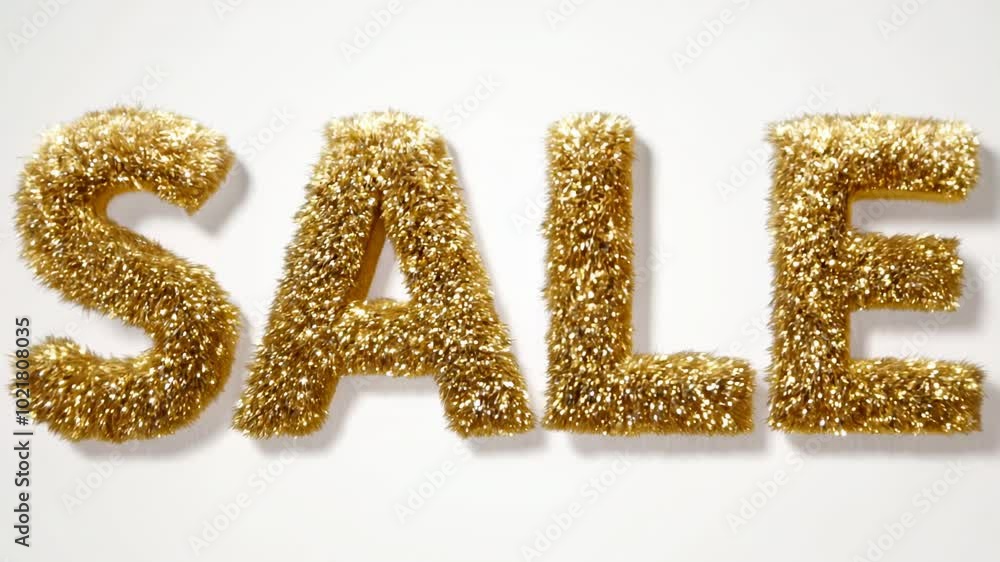 Golden tinsel letters forming the word sale on a white background. perfect for festive promotions, holiday marketing materials, or eye catching retail displays. Golden tinsel letters forming the word sale on a white background. perfect for festive promotions, holiday marketing materials, or eye catching retail displays.