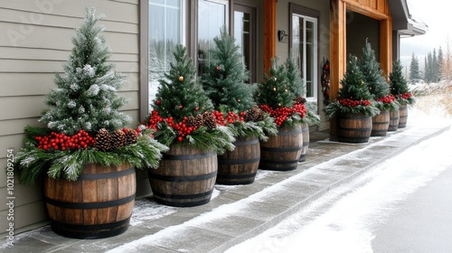 Four beautifully arranged Christmas planters featuring wooden barrels filled with pine trees, pine cones, and red berries create a festive outdoor display during winter.