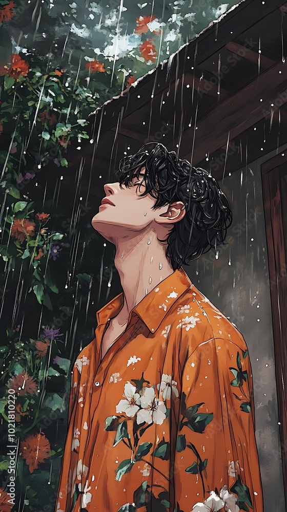 Fototapeta premium Sad anime boy standing in the rain looking up at the sky