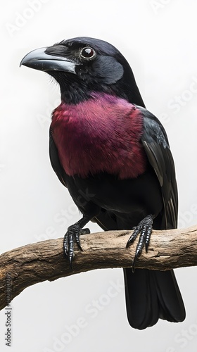 Purple-throated Fruitcrow Bird Perched on a Branch on White Background, Wallpaper, Cover and Screen for Smartphone, PC, Laptop, 9:16 and 16:9 Format photo