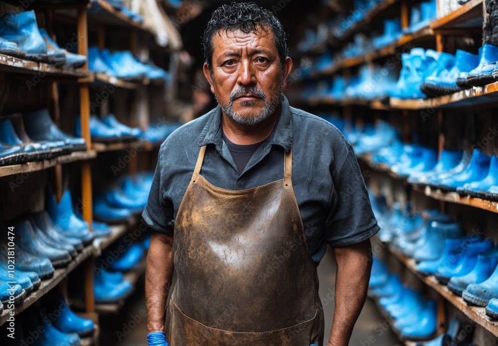 Fototapeta premium A skilled artisan with a serious expression poses in a workshop surrounded by neatly arranged blue boots, showcasing his craftsmanship