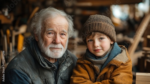 A senior man with a white beard and a young boy wearing a brown hat, standing together in a woodworking shop.