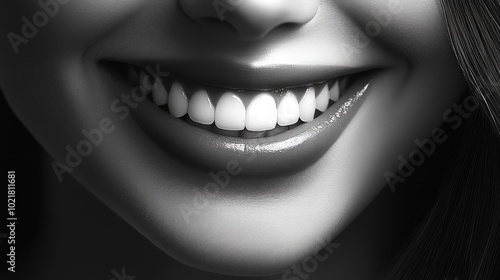 Close-up of a woman's smiling mouth, showcasing beautiful, white teeth.