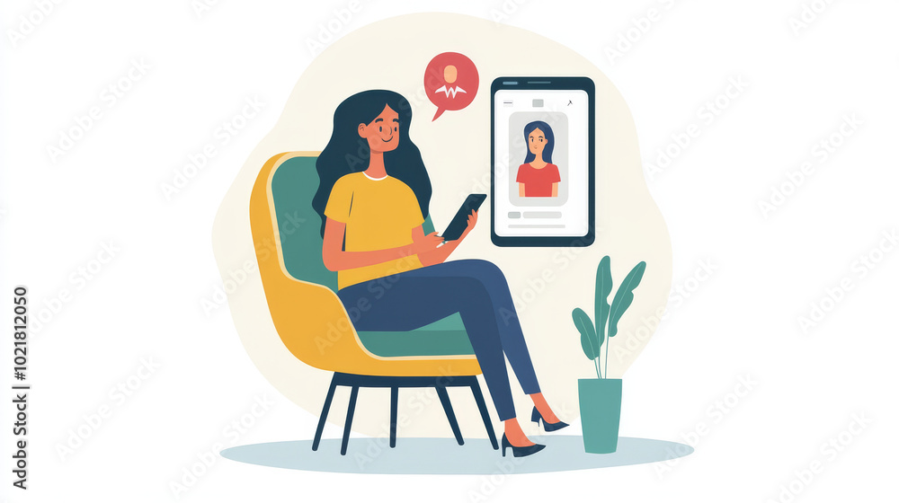 Fototapeta premium A woman talks to a therapist on her smartphone. They're having an online consultation. This shows how people can get medical advice and care remotely, using technology.