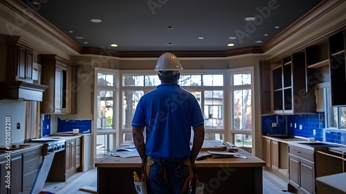 A construction worker wearing a blue shirt and white hard hat is standing in the middle of an unfinished kitchen with windows on one side