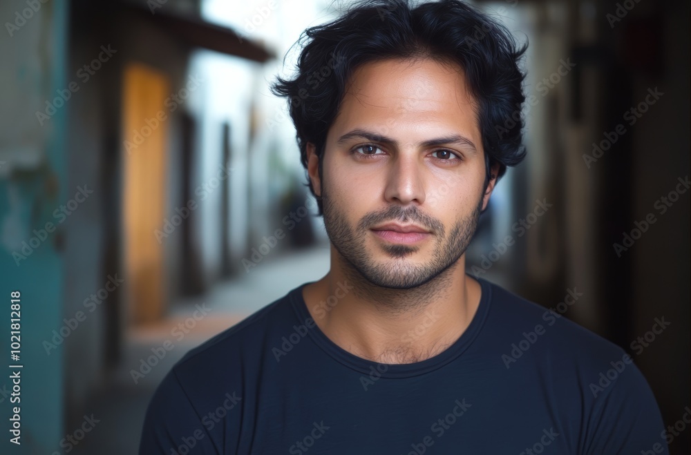 Fototapeta premium A young man gazes at the camera, his dark hair slightly tousled, while standing in a sunlit urban alleyway