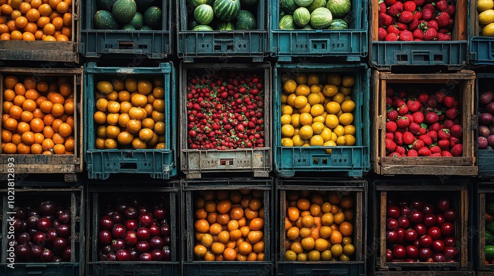 custom made wallpaper toronto digitalaerial view of a colorful arrangement of crates brimming with fresh fruits and vegetables illustrating a wellorganized distribution network vital to the fresh produce industry
