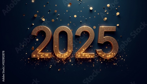 New Year card featuring glittering 2025 numbers with golden confetti on dark blue background