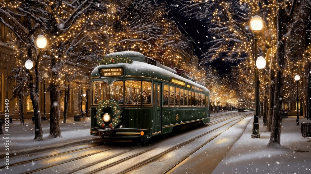 Obraz premium A vintage green tram moves gracefully through a charming city street, surrounded by trees draped in festive lights. Snow gently falls, enhancing the cozy winter atmosphere.