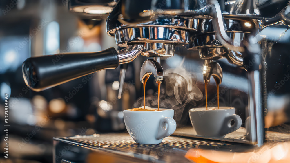 The scene captures a vibrant café atmosphere, At the center is a gleaming chrome espresso machine, where rich, dark espresso pours into a white cup, swirling with golden cream. The scene captures a vibrant café atmosphere, At the center is a gleaming chrome espresso machine, where rich, dark espresso pours into a white cup, swirling with golden cream.