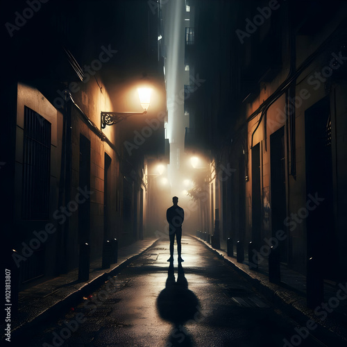 Silhouette of a lone man walking a way in the city dark , illuminated by a single beam of light