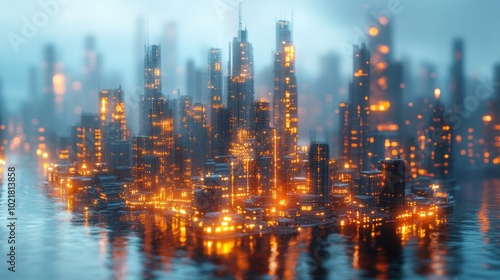 A futuristic cityscape with glowing lights reflected in the water.