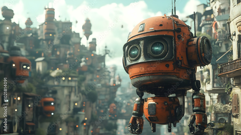 Rusty Robot in a Futuristic City 3D Illustration Rusty Robot in a Futuristic City 3D Illustration