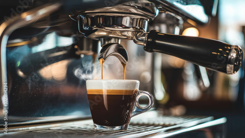 The scene captures a vibrant café atmosphere, At the center is a gleaming chrome espresso machine, where rich, dark espresso pours into a white cup, swirling with golden cream. 