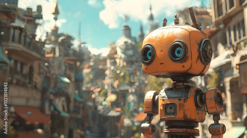 Orange Robot in a Futuristic City 3D Illustration