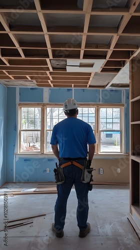 A construction worker wearing a blue shirt and white hard hat is standing in the middle of an unfinished kitchen with windows on one side