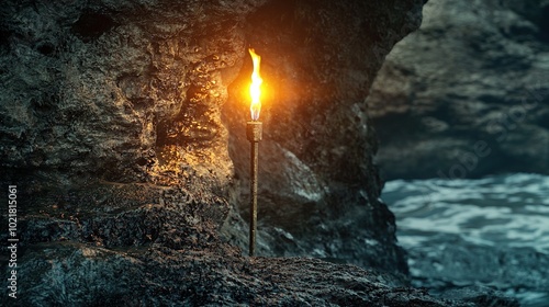  A pole with a lit lamp stands tall beside rocks and a tranquil body of water in the background