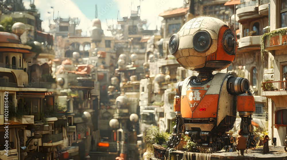 Futuristic Cityscape with a Robot Illustration Futuristic Cityscape with a Robot Illustration