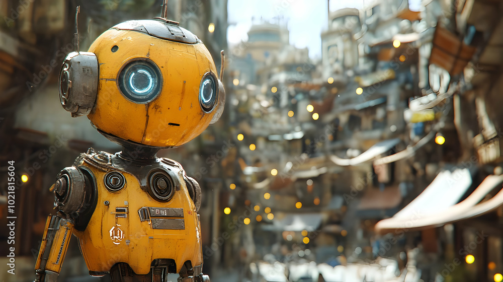 Yellow Robot in a City 3D Illustration Yellow Robot in a City 3D Illustration