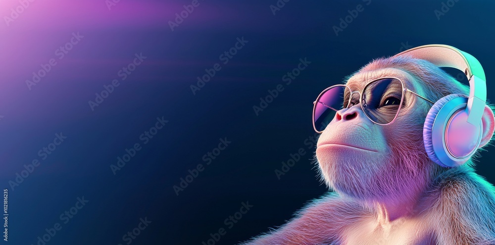 Photo Art Print Neon party dj monkey wearing sunglasses and headphones serdon