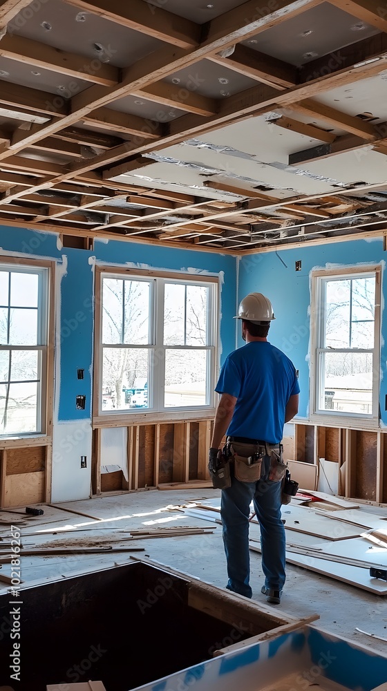 A construction worker wearing a blue shirt and white hard hat is standing in the middle of an unfinished kitchen with windows on one side A construction worker wearing a blue shirt and white hard hat is standing in the middle of an unfinished kitchen with windows on one side