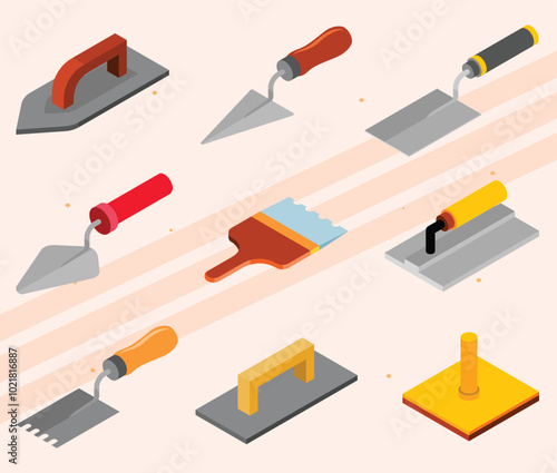 Isometric icons of trowels used in construction.