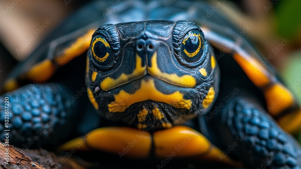 Close-up portrait of a small turtle with a black shell and yellow markings, looking directly at the camera. Close-up portrait of a small turtle with a black shell and yellow markings, looking directly at the camera.