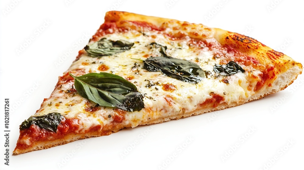 A close-up of a pizza slice featuring cheese and spinach leaves on a white background A close-up of a pizza slice featuring cheese and spinach leaves on a white background