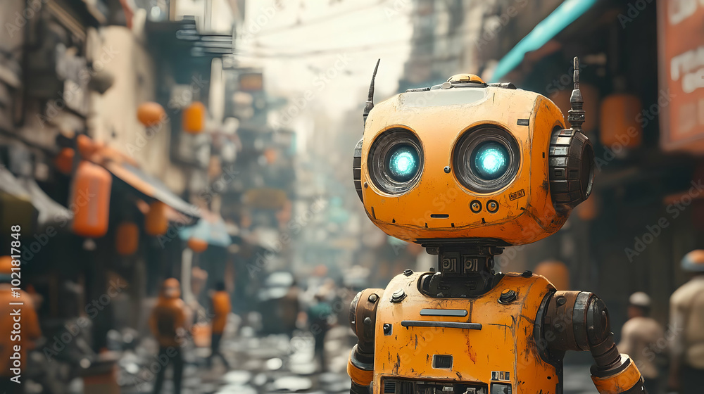 Orange Robot in a City Illustration Orange Robot in a City Illustration