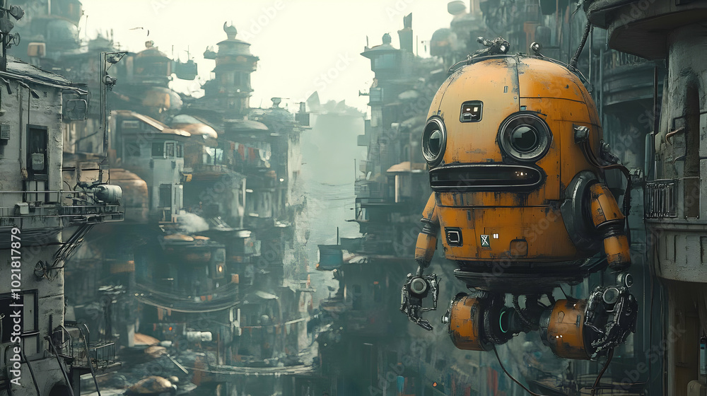 Rusty Robot in Futuristic City 3D Illustration Rusty Robot in Futuristic City 3D Illustration