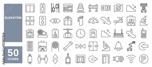 Set of 50 line icons related to elevator, lift, escalator, stairs, entrance, arrow, gate, public, passenger, Editable stroke. Vector illustration