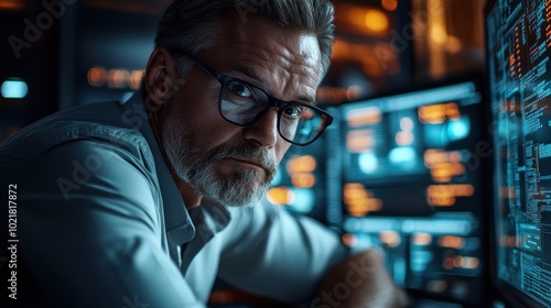 A mature man with a beard, wearing glasses, sits at a desk in front of multiple computer screens displaying code, looking intensely at the camera.