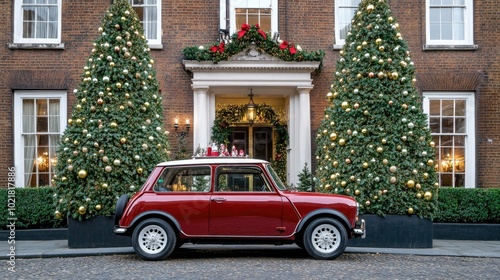 A vibrant red car decorated for Christmas is parked in front of a historic London hotel, showcasing festive trees and holiday cheer with elegant decorations