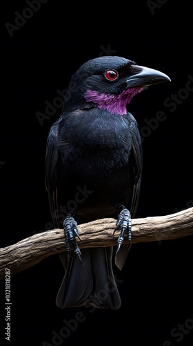 Purple-throated Fruitcrow Bird Perched on a Branch on Black Background, Wallpaper, Cover and Screen for Smartphone, PC, Laptop, 9:16 and 16:9 Format