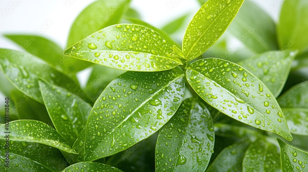 Close-up of green leaves with water droplets. Close-up of green leaves with water droplets.